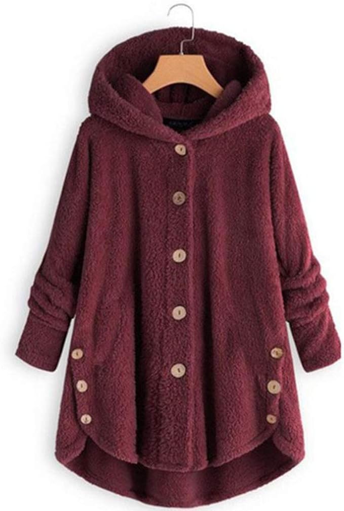 Womens Winter Warm Parka Jacket Solid Color Outwear Coat Button Buckle Fluffy Long Overcoat