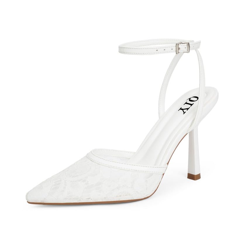 QIY White Slingback Heels for Women Lace Closed Toe Pointy Ankle Strap Heels Kitten Stiletto High Heel Dress Shoes White Women Pumps Size 7.5 - Image 1