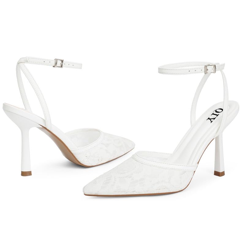 QIY White Slingback Heels for Women Lace Closed Toe Pointy Ankle Strap Heels Kitten Stiletto High Heel Dress Shoes White Women Pumps Size 7.5 - Image 2