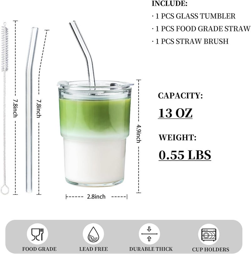 Olvini 13oz Glass Tumbler with Straw and Lid, Reusable Iced Coffee Cup Tumbler, Cute Glass Cups for Water, Matcha, Travel Coffee Mugs (Clear) - Image 2