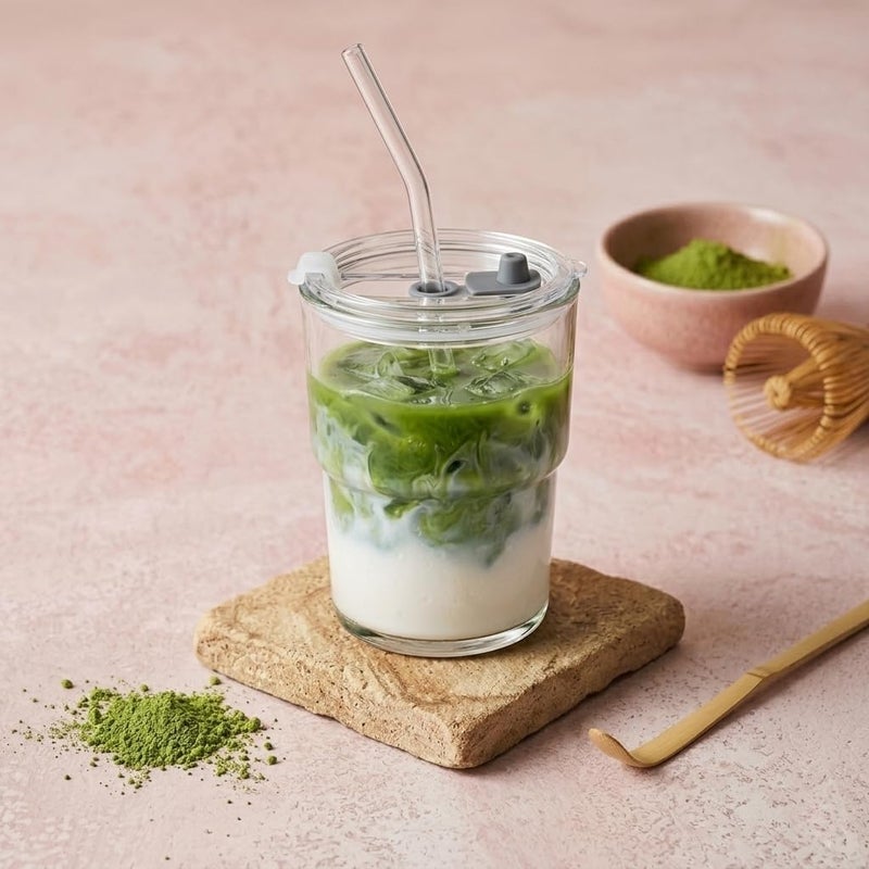 Olvini 13oz Glass Tumbler with Straw and Lid, Reusable Iced Coffee Cup Tumbler, Cute Glass Cups for Water, Matcha, Travel Coffee Mugs (Clear) - Image 1