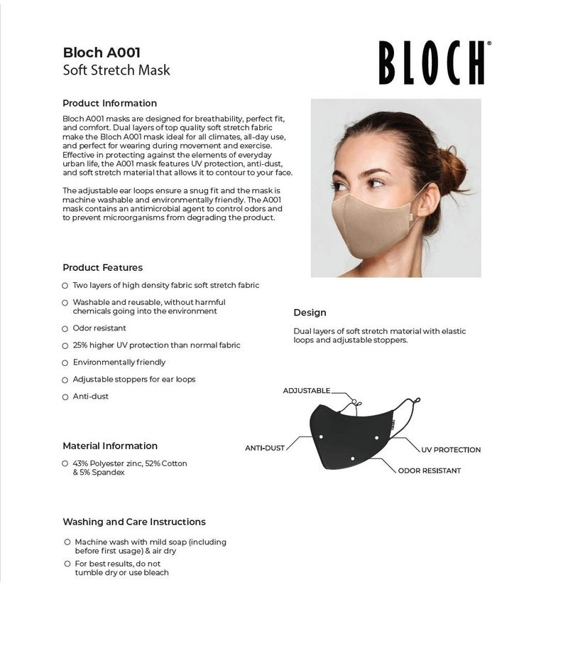 Bloch قناع وجه قابل لإعادة الاستخدام من بلوك سوفت ستريتش، أسود، للبالغين، 3 قطع (عبوة من 1) - Image 3