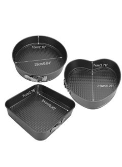 NAFO 3 Pieces Non Stick Removable Bottom Round Heart Square Shape Cake Mold Set Black  - Image 2