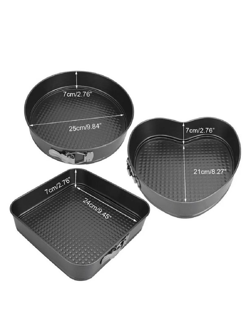 NAFO - 3 Pieces Non Stick Removable Bottom Round Heart Square Shape Cake Mold Set Black - Image 1