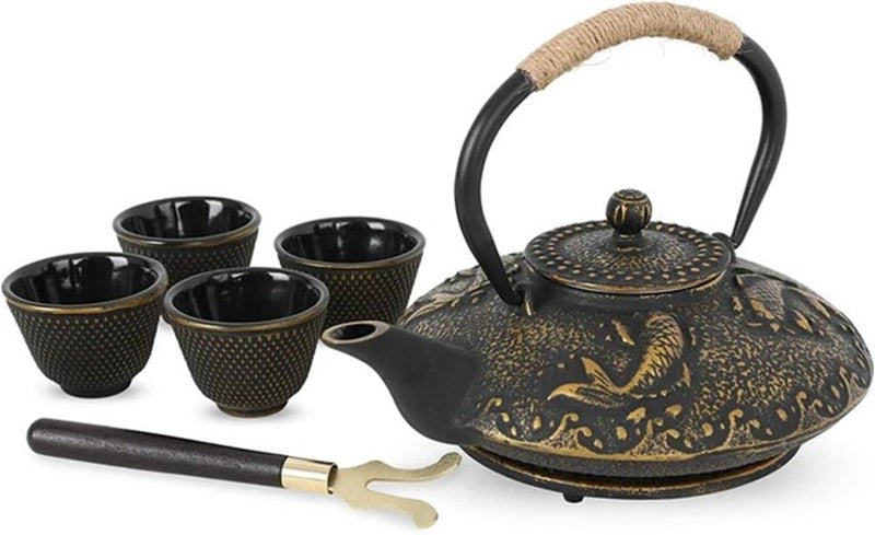 CBEX Cast Iron Teapot Japanese Style Tetsubin Teapot Set for a Perfect Brewing ExperienceBlack Golden Koi Fish Design750ml - Image 1