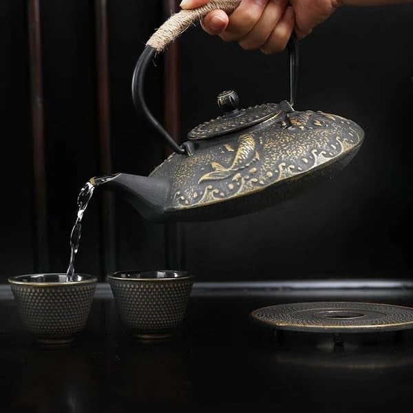 CBEX Cast Iron Teapot Japanese Style Tetsubin Teapot Set for a Perfect Brewing ExperienceBlack Golden Koi Fish Design750ml - Image 3