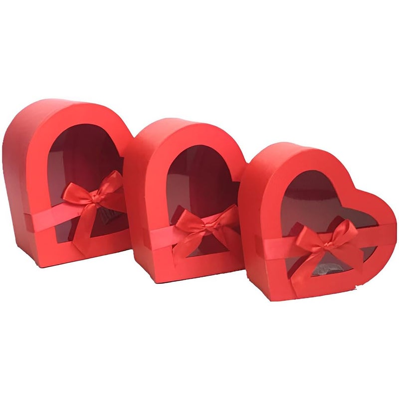 BBJ WRAPS Heart Shaped Boxes for Flowers Packaging with Transparent Window Lids Luxury Gift Box for Floral Arrangement Set of 3SML Red