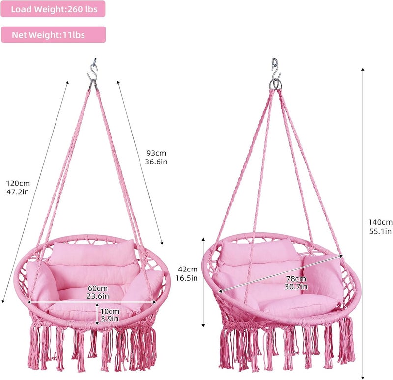 GOUTIME Hammock Chair, Macrame Hanging Swing Chairs with Cushion and Hardware Kit,Adult Boho Swings for Outside,Patio,Balcony,Bedroom (Pink) - Image 2