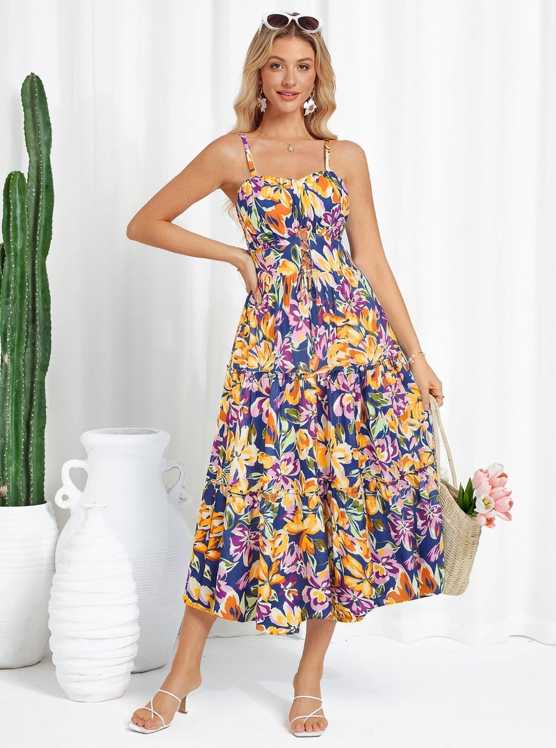 GRACE KARIN 2026 Women's Spaghetti Vacation Sundress Summer Beach Flowy Boho Floral Maxi Dresses with Pockets Blue Purle Floral M - Image 4