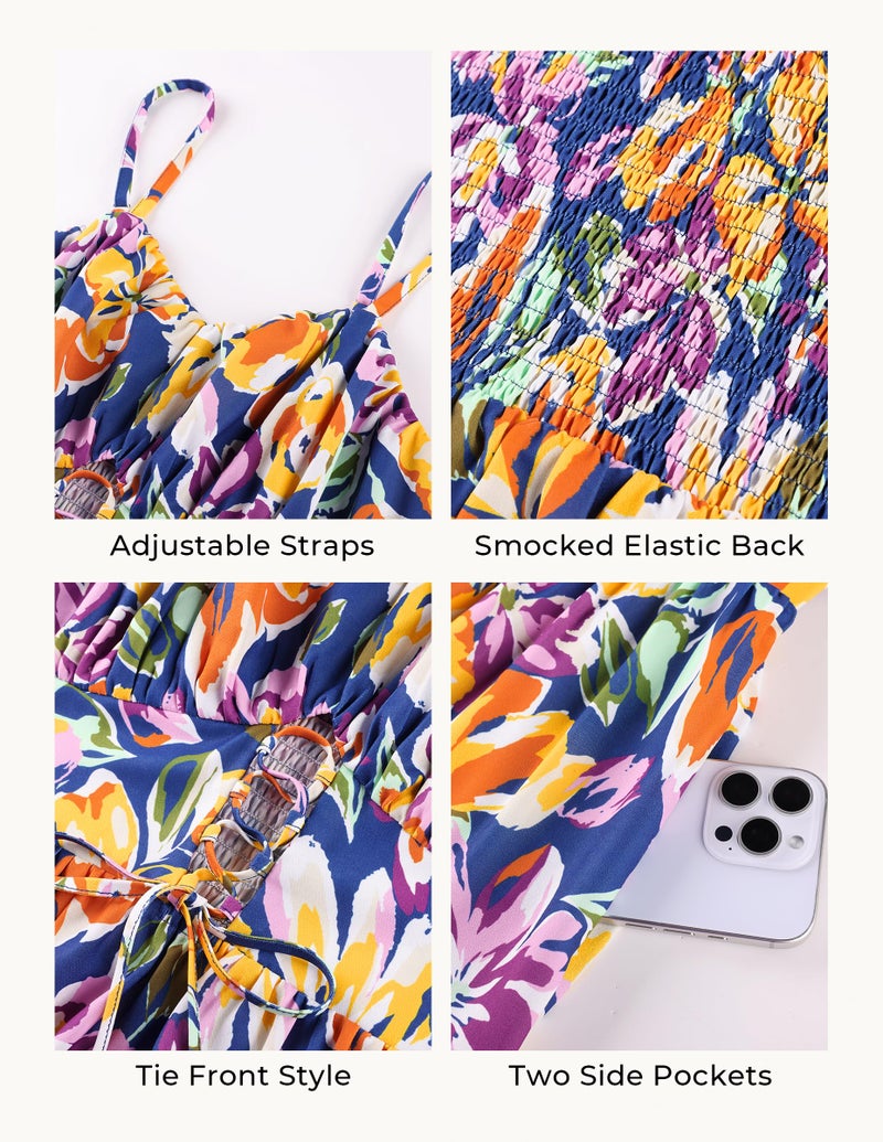 GRACE KARIN 2026 Women's Spaghetti Vacation Sundress Summer Beach Flowy Boho Floral Maxi Dresses with Pockets Blue Purle Floral M - Image 5