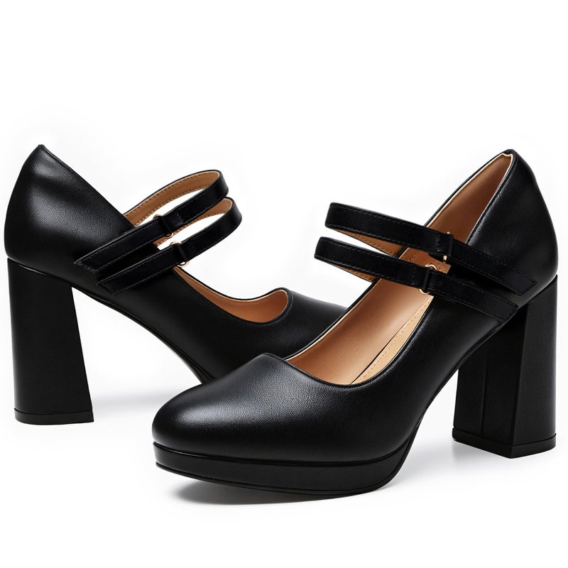 Trary Black Heels Mary Jane Shoes Women Platform Chunky Block High Heels with Buckle Strap Comfortable Dress Pumps for Office Party Casual Round Toe Pumps Shoes, Size 8 - Image 1