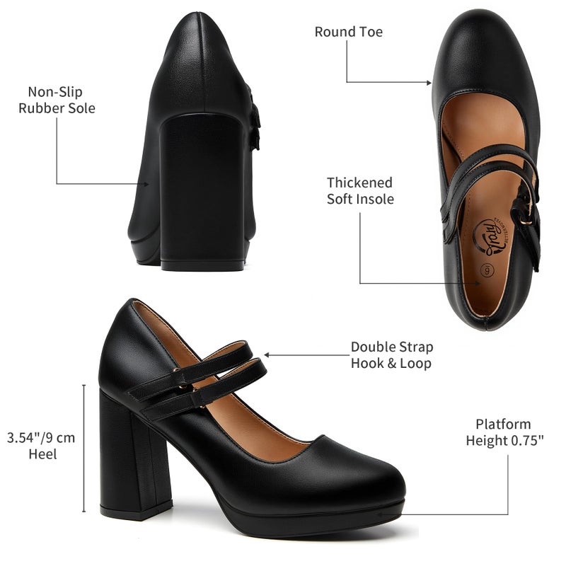 Trary Black Heels Mary Jane Shoes Women Platform Chunky Block High Heels with Buckle Strap Comfortable Dress Pumps for Office Party Casual Round Toe Pumps Shoes, Size 8 - Image 4