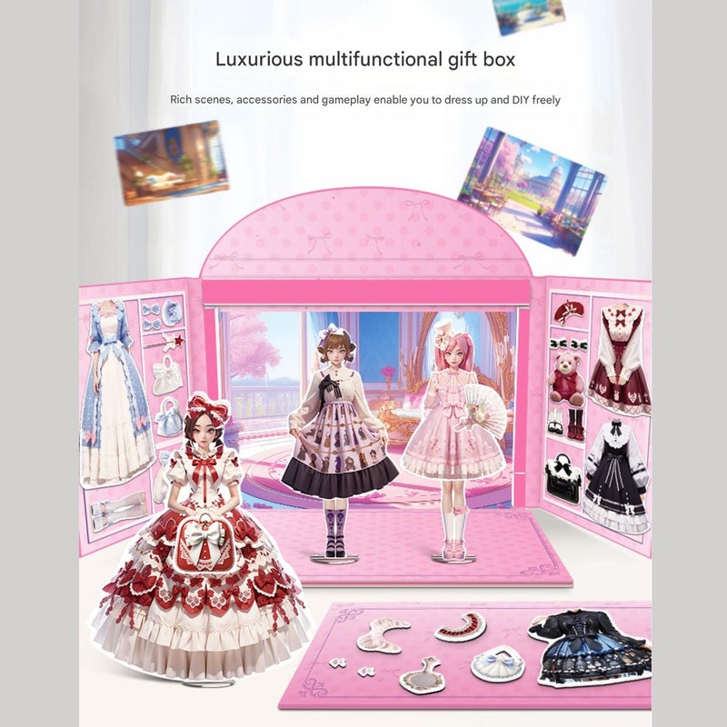 Children's DIY production, repeated dressing and dressing sticker toys, magnetic dress-up magic box (pink Lolita) - Image 3