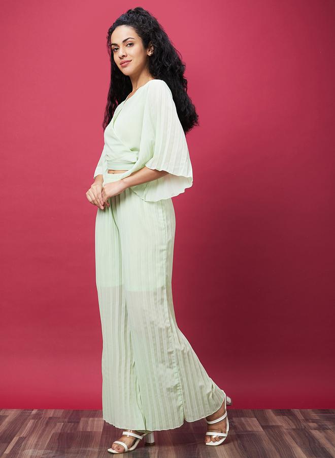 Globus Solid V-Neck Crop Top and Pleated Pants Co-Ords - Image 2