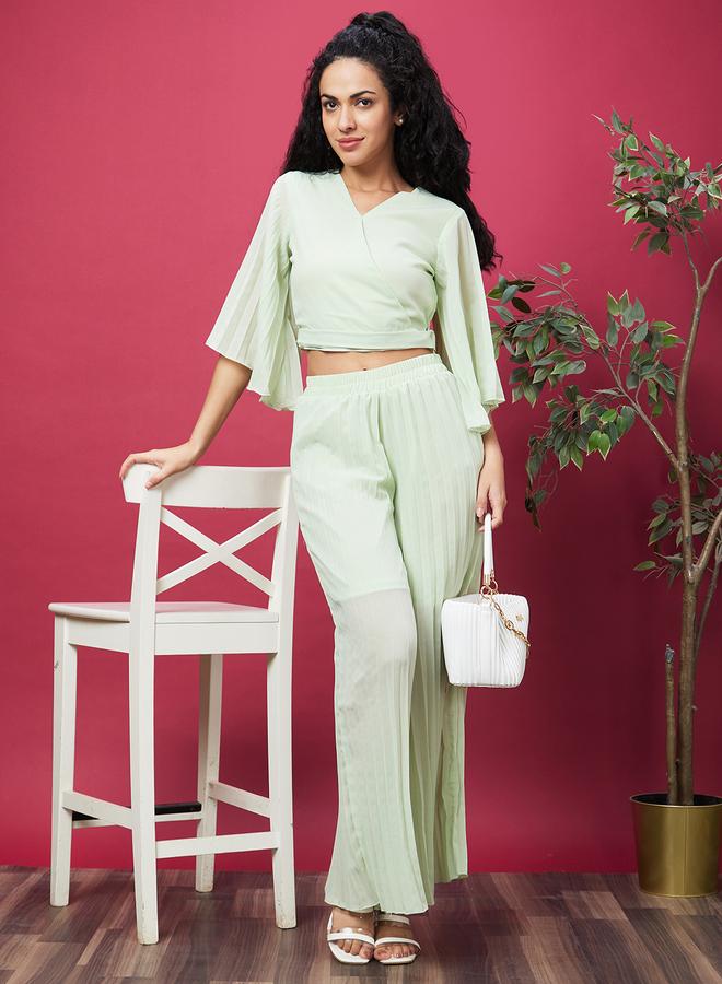 Globus Solid V-Neck Crop Top and Pleated Pants Co-Ords - Image 1