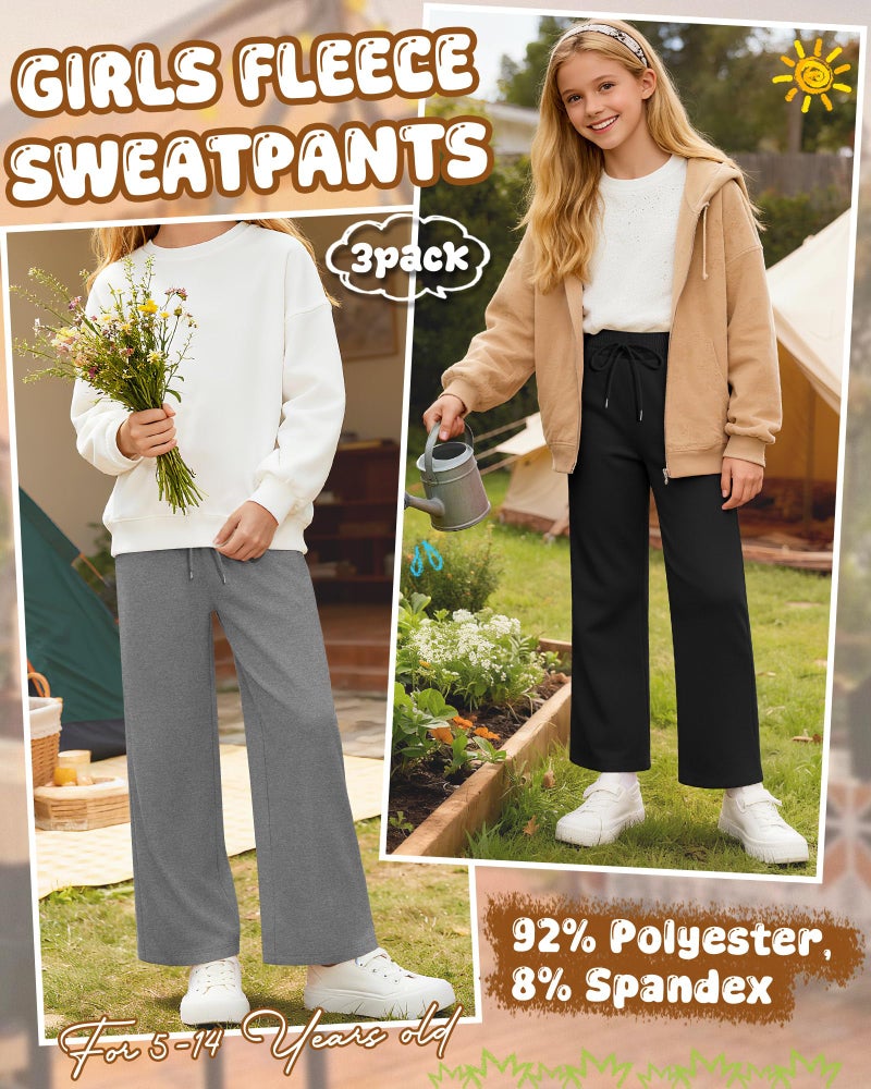 LessonZoo 3 Pack Girls' Sweatpants Fleece Lined Wide Leg Drawstring Casual Kids Open Bottom Pants with Pockets Teen Girl(Rose Red, Heather Gray, Black,13-14 Years) - Image 4