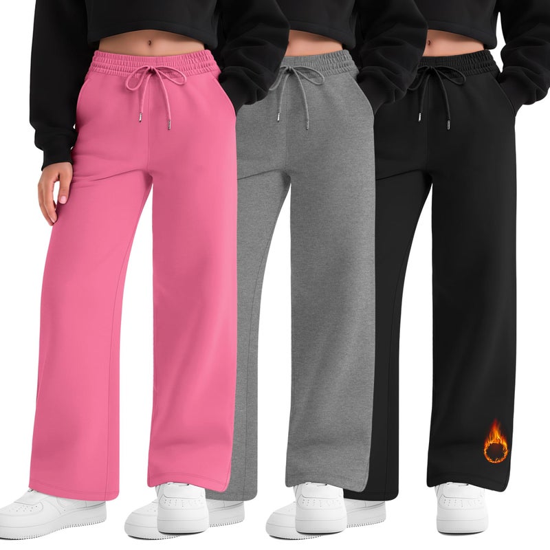 LessonZoo 3 Pack Girls' Sweatpants Fleece Lined Wide Leg Drawstring Casual Kids Open Bottom Pants with Pockets Teen Girl(Rose Red, Heather Gray, Black,13-14 Years) - Image 1