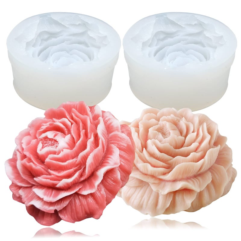 2PCS Peony Flower Silicone Soap Molds 3D Resin Candle Molds Flower Fondant Silicone Mold for Handmade Cake Decoration Cupcake Jelly Candy Chocolate Epoxy Casting Resin Craft
