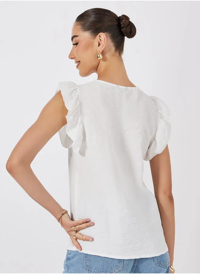 ستايلي Square Neck Woven Top with Flutter Sleeves