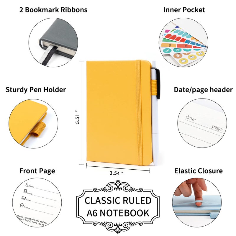 feela Pocket Notebook Journals, Mini Cute Small Hardcover College Ruled Notepad Office School Supplies, with 3 Black Pens, 3.5â€x 5.5â€, 3 Pack, A6, Solid Colors, Gray, Yellow, Light Blue - Image 2