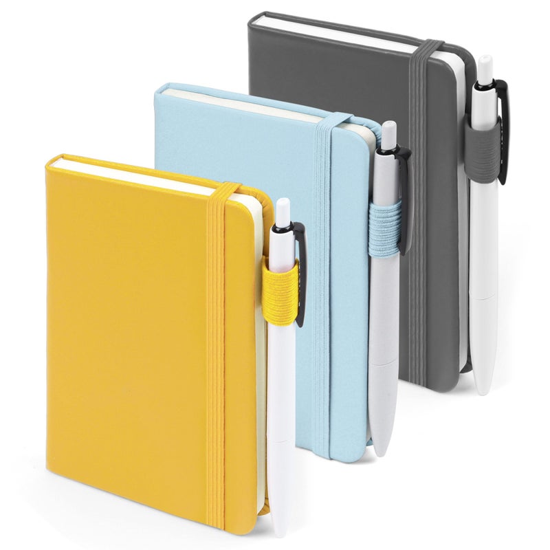 feela Pocket Notebook Journals, Mini Cute Small Hardcover College Ruled Notepad Office School Supplies, with 3 Black Pens, 3.5â€x 5.5â€, 3 Pack, A6, Solid Colors, Gray, Yellow, Light Blue - Image 1