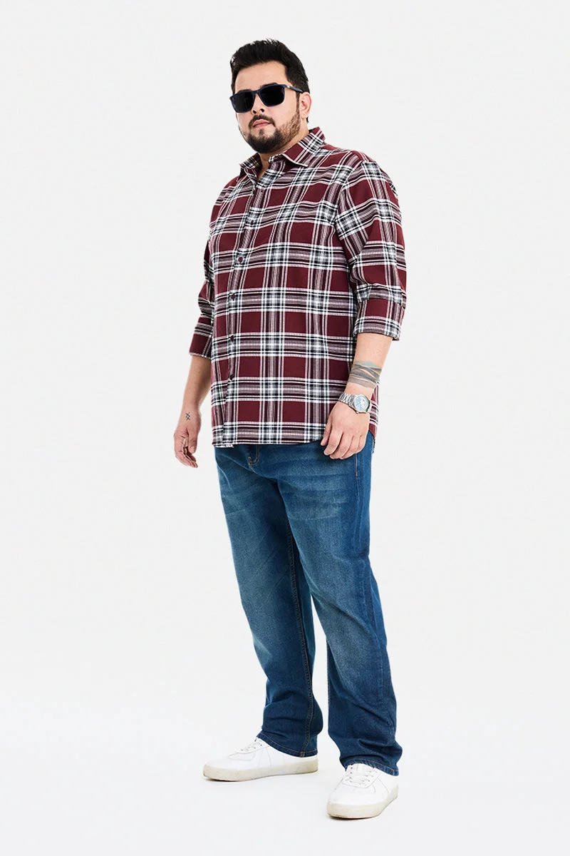 SNITCH Maroon Checkered Long Sleeve Regular Fit Casual Plus Size Shirt