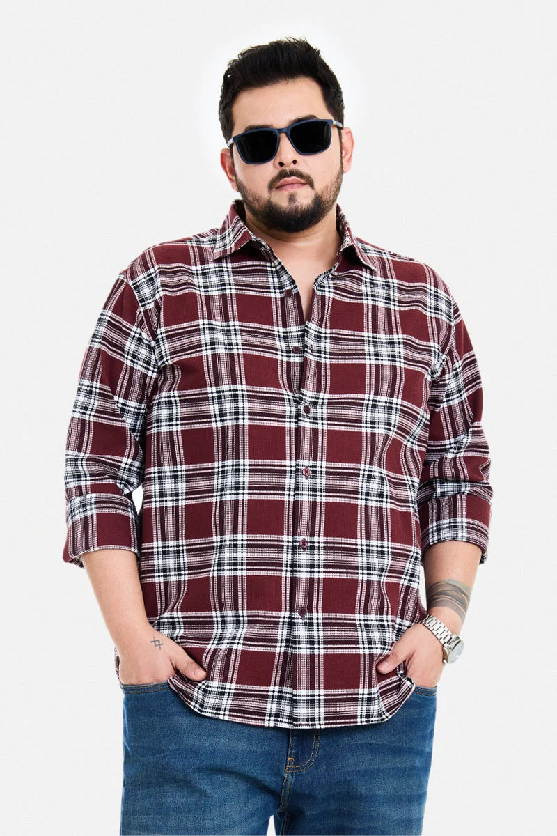 SNITCH Maroon Checkered Long Sleeve Regular Fit Casual Plus Size Shirt