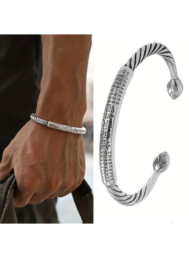 Goolsky Men’s Vintage Open Cuff Bracelet – Twisted Wire Heart Sutra Bangle, Thai Silver Tone Anti-Tarnish, Casual/Punk Outfits, Gift for Him - Image 1