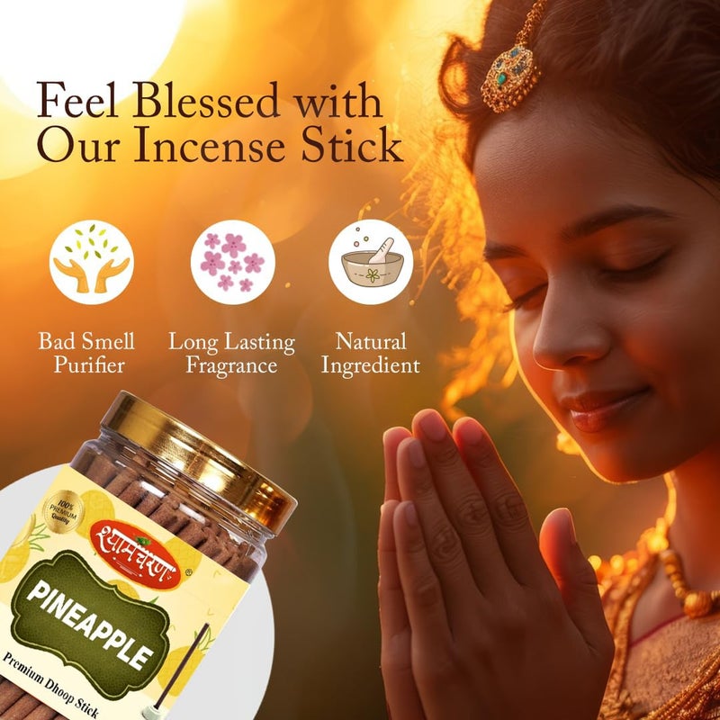 Shyam Charan Premium Pooja Dhoop Sticks Pineapple Agarbatti 200g Round Bottle 120 Sticks 0 Charcoal and Bamboo Less Longlasting Fragrance dhoop bati agarbatti Sticks Gift Stand Inside - Image 3