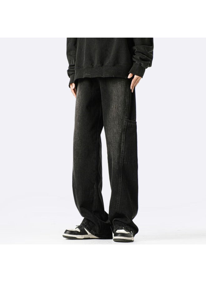 Homlean American-style Jeans Men's Spring And Summer Season Niche Streetwear Loose Casual Workwear Trousers Lb03 Black 3XL - Image 5