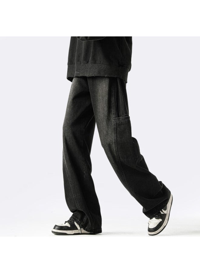 Homlean American-style Jeans Men's Spring And Summer Season Niche Streetwear Loose Casual Workwear Trousers Lb03 Black 3XL - Image 4