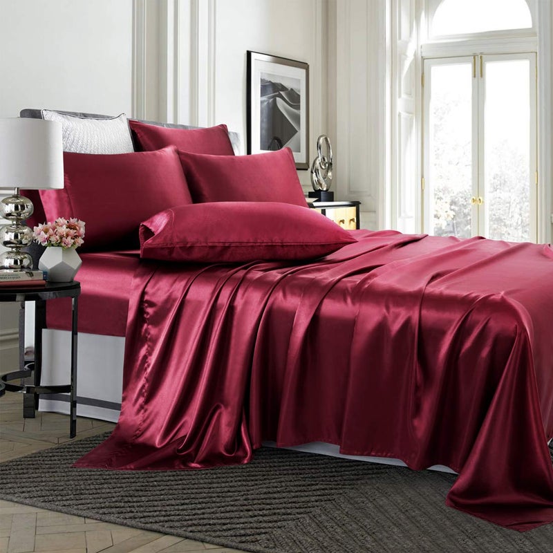 TREELY 6 Piece Burgundy Satin Sheet Set - King Size, Silky Smooth, Deep Pocket, Fitted Sheet, Flat Sheet, 4 Pillowcases - Image 2