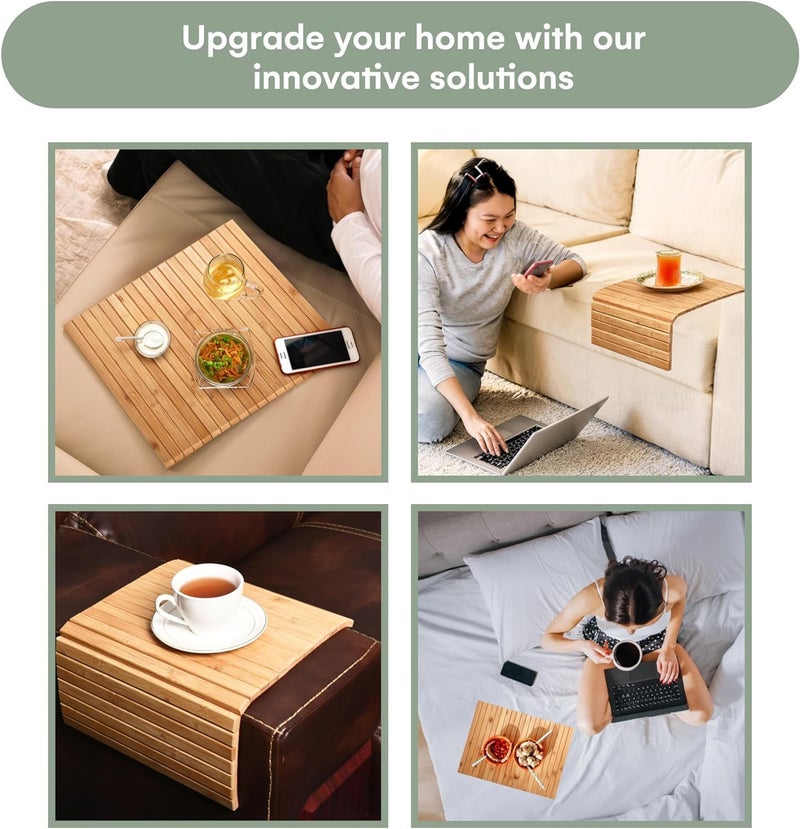 TVM DreamAds Sofa armrest Tray PO1 I Rectangular Brown Wooden Tray I Serving Coaster I Wooden Flexible Foldable Tray for Serving I Couch Table Mat for Drinks Snacks I Size 40X27X1cm - Image 4