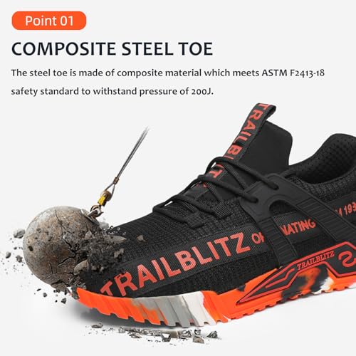 TRAILBLITZ Composite Steel Toe Shoes for Men Work Safety Sneakers Non Slip Comfortable Lightweight Breathable Mens Hard Toe Industrial Construction Tennis Slip On Footwear(9 Men, Orange) - Image 2