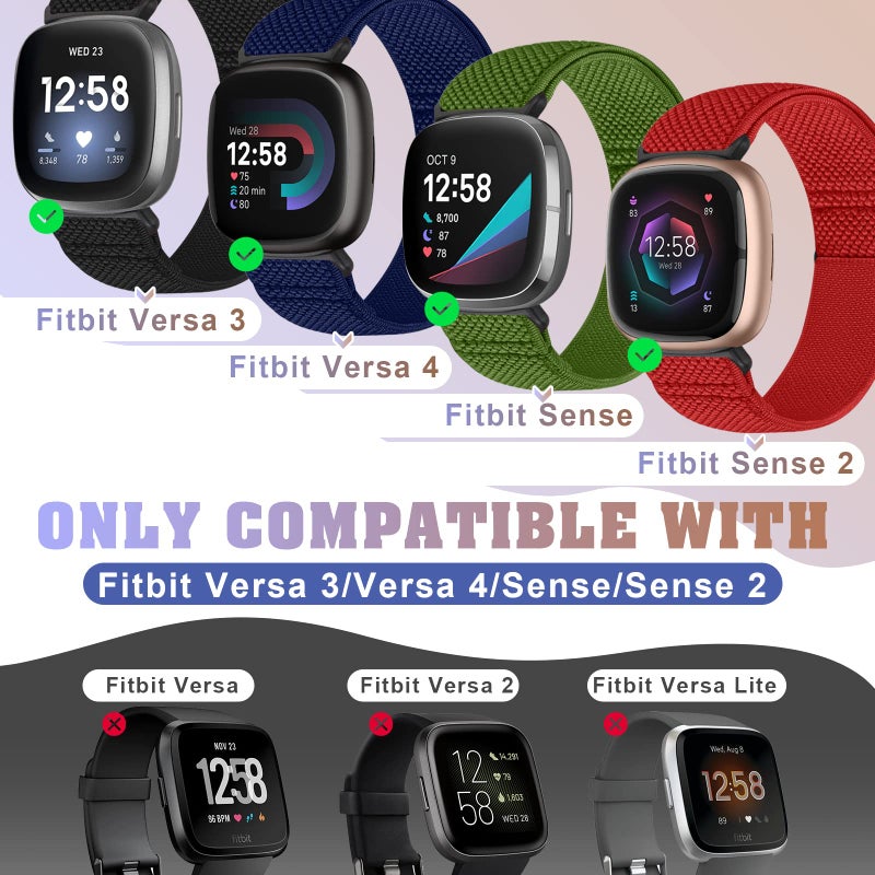 Bcuckood Compatible with Fitbit Versa 4/Versa 3/Sense 2/Sense Band Women Men, 5 Pack Elastic Nylon Soft Adjustable Stretchy Solo Loop Replacement Strap for Women Men - Image 2