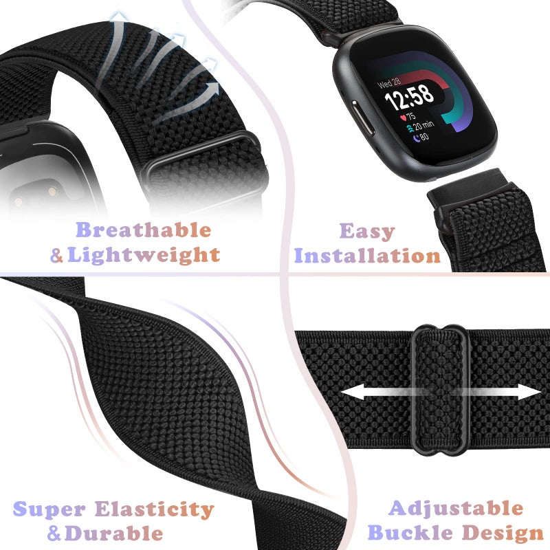 Bcuckood Compatible with Fitbit Versa 4/Versa 3/Sense 2/Sense Band Women Men, 5 Pack Elastic Nylon Soft Adjustable Stretchy Solo Loop Replacement Strap for Women Men - Image 3