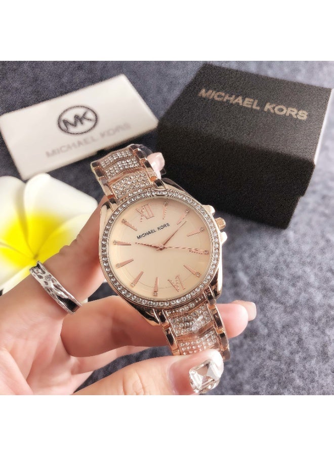 ام كي Michael Kors Women's Watch with Rose Gold - Tone Stainless Steel Bracelet and Crystal - Embellished Champagne Dial