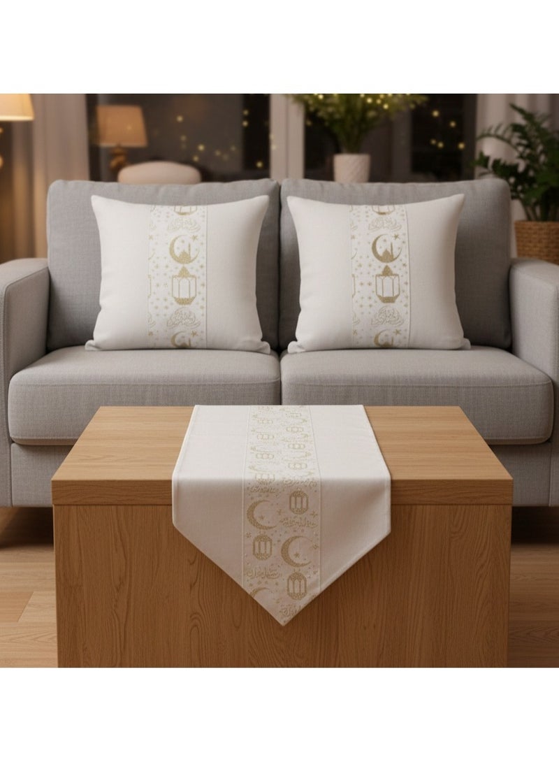 Ramadan 3 piece decor set (2 cushion covers + table runner) with a modern Islamic design - Image 1