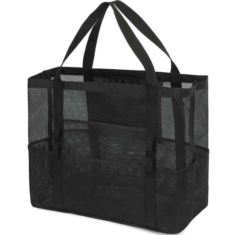 Fammart Mesh Beach Bag, Large Beach Tote with Zipper Pocket, Toys Pool Bag for Family Travel Vacation Cruise Essentials,Large - Dark Black - Image 1