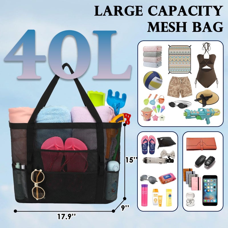 Fammart Mesh Beach Bag, Large Beach Tote with Zipper Pocket, Toys Pool Bag for Family Travel Vacation Cruise Essentials,Large - Dark Black - Image 4