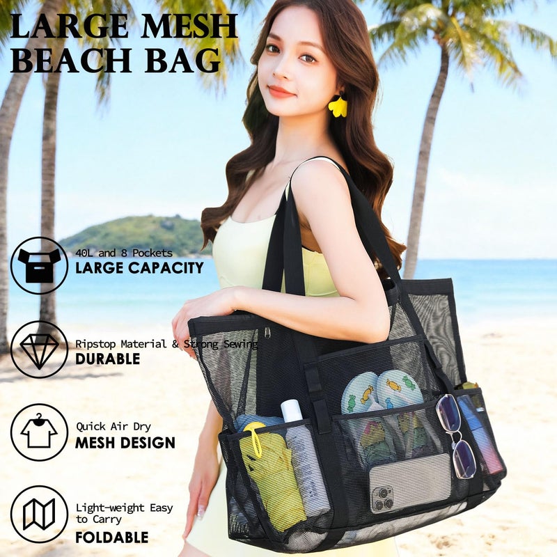 Fammart Mesh Beach Bag, Large Beach Tote with Zipper Pocket, Toys Pool Bag for Family Travel Vacation Cruise Essentials,Large - Dark Black - Image 3