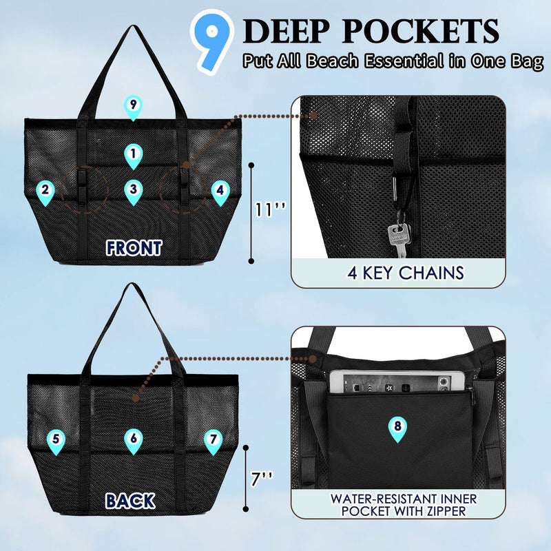 Fammart Mesh Beach Bag, Large Beach Tote with Zipper Pocket, Toys Pool Bag for Family Travel Vacation Cruise Essentials,Large - Dark Black - Image 5