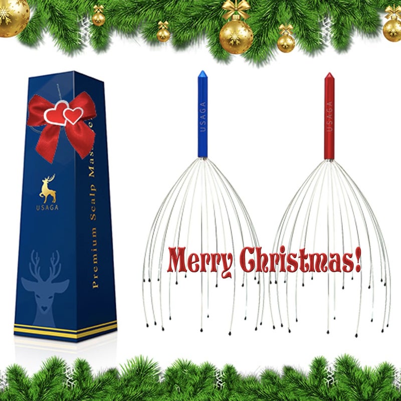 USAGA أداة تدليك الرأس USAGA، 20 أصبع لتدليك فروة الرأس، أداة تدليك الرأس، هدايا صغيرة لتخفيف التوتر للجسم والرأس [عبوة من 2] نسخة محدثة (أحمر وأزرق) - Image 3