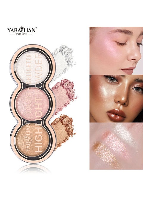 3 Colors Highlighter-Blush And Highlighter Palette, Metallic Shimmer Shadow Powder, Illuminator Makeup Set For Shading, Highlighting And Defining The Face, Long Lasting Highlighter Makeup