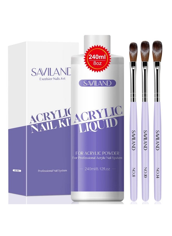 Saviland - Saviland Monomer Acrylic Nail Liquid - 8.11fl.oz Acrylic Liquid with 3PCS Acrylic Brushes Size（8/10/14）for Acrylic Powders, Non-Yellowing Acrylic Nail Liquid for DIY Home Nail Salon Use - Image 1