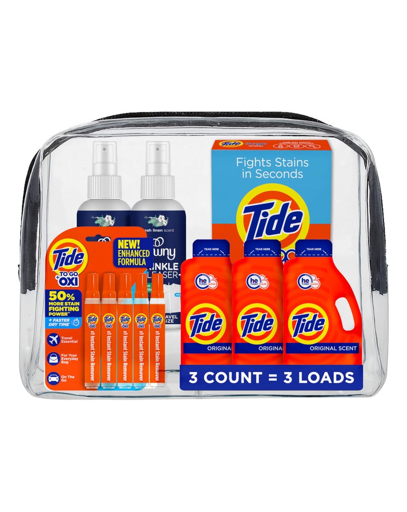 Tide حزمة أساسيات غرفة النوم من تايد - تشمل المنظف السائل، مناديل إزالة البقع من تايد، قلم إزالة البقع ورذاذ داوني لإزالة التجاعيد - للجامعة والعودة إلى المدرسة - Image 1