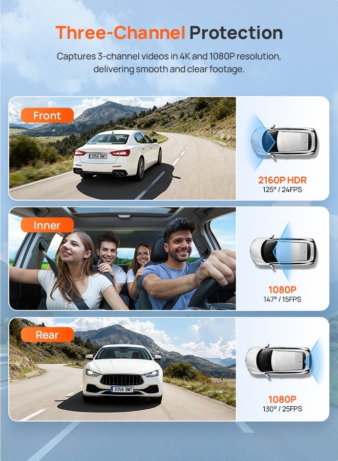 70 ماي كاميرا داش T800E 3 قنوات، 4K+1080P+1080P مع 64GB مجانية، GPS، واي فاي 6، تحكم صوتي، ركن 24/7، رؤية ليلية، تسجيل متكرر، دعم مكثف فائق 512GB - Image 2