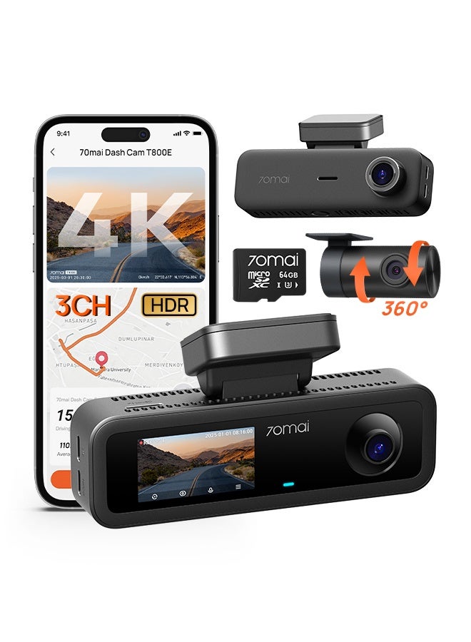 70 ماي كاميرا داش T800E 3 قنوات، 4K+1080P+1080P مع 64GB مجانية، GPS، واي فاي 6، تحكم صوتي، ركن 24/7، رؤية ليلية، تسجيل متكرر، دعم مكثف فائق 512GB - Image 1