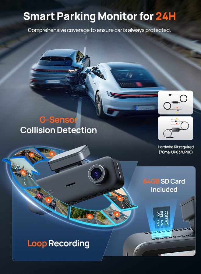 70 ماي كاميرا داش T800E 3 قنوات، 4K+1080P+1080P مع 64GB مجانية، GPS، واي فاي 6، تحكم صوتي، ركن 24/7، رؤية ليلية، تسجيل متكرر، دعم مكثف فائق 512GB - Image 5