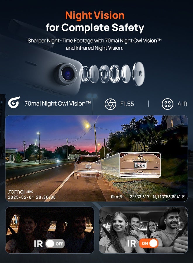 70 ماي كاميرا داش T800E 3 قنوات، 4K+1080P+1080P مع 64GB مجانية، GPS، واي فاي 6، تحكم صوتي، ركن 24/7، رؤية ليلية، تسجيل متكرر، دعم مكثف فائق 512GB - Image 4